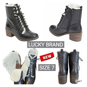 NEW- LUCKY BRAND Size 7M Cambreen Leather Faux Fur Laced Up Boots- Dark Grey